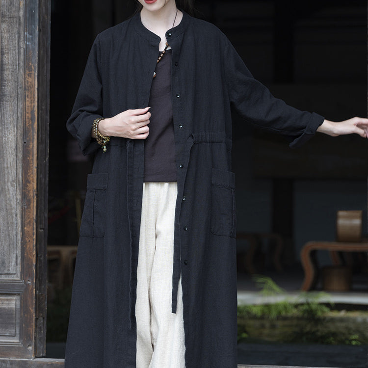 Long Sleeve Linen Long Shirt, Summer Standing Collar Cotton Jacket