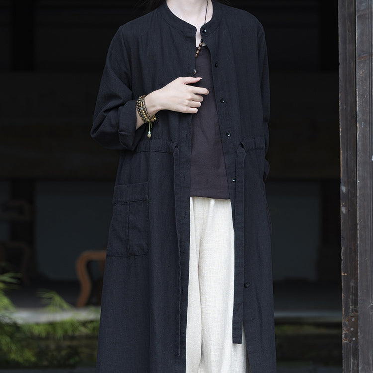 Long Sleeve Linen Long Shirt, Summer Standing Collar Cotton Jacket