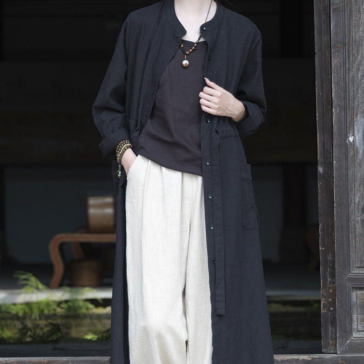 Long Sleeve Linen Long Shirt, Summer Standing Collar Cotton Jacket