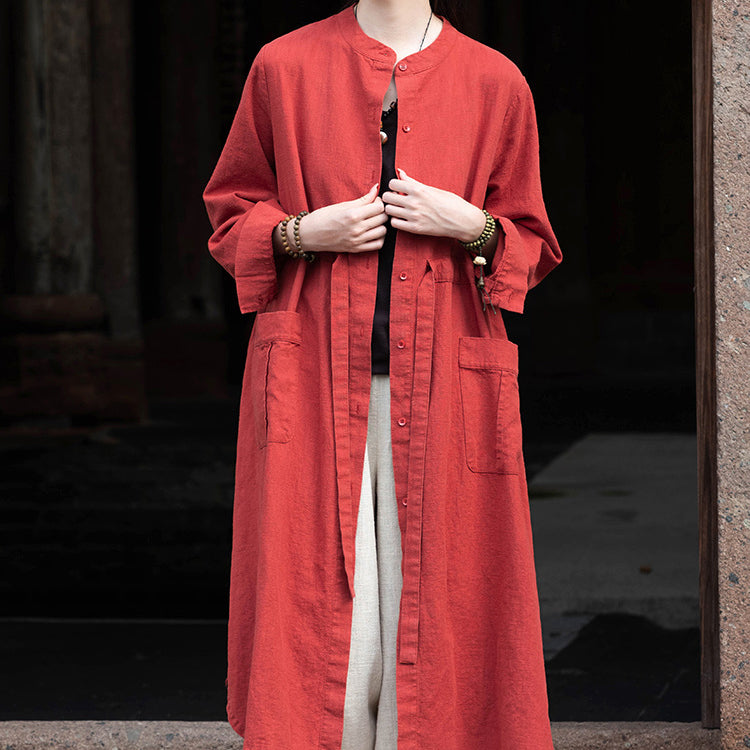 Long Sleeve Linen Long Shirt, Summer Standing Collar Cotton Jacket