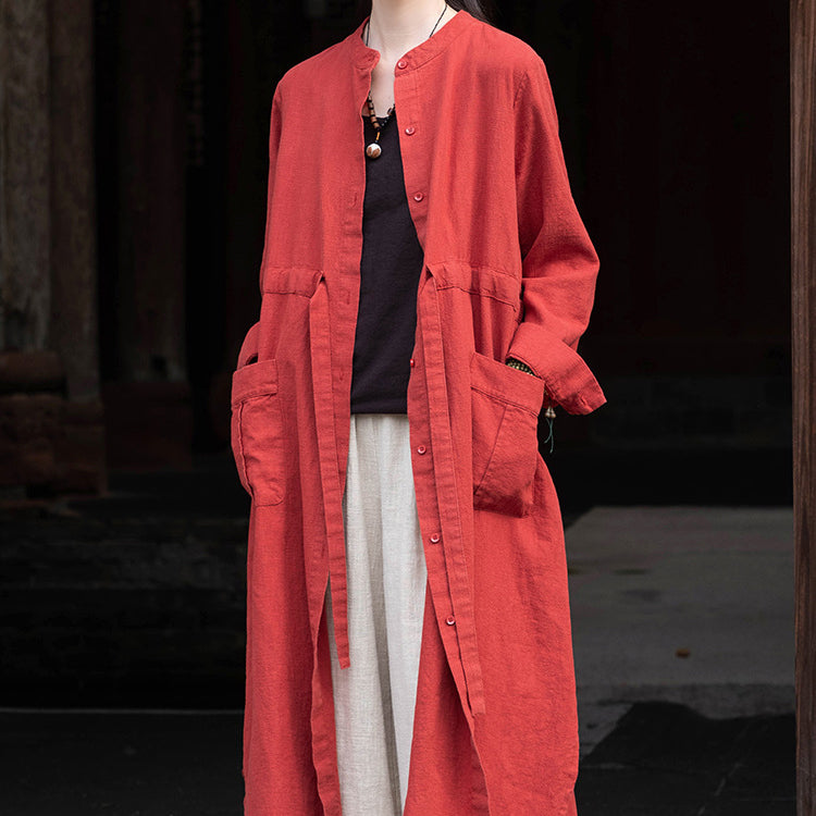 Long Sleeve Linen Long Shirt, Summer Standing Collar Cotton Jacket