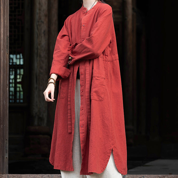 Long Sleeve Linen Long Shirt, Summer Standing Collar Cotton Jacket