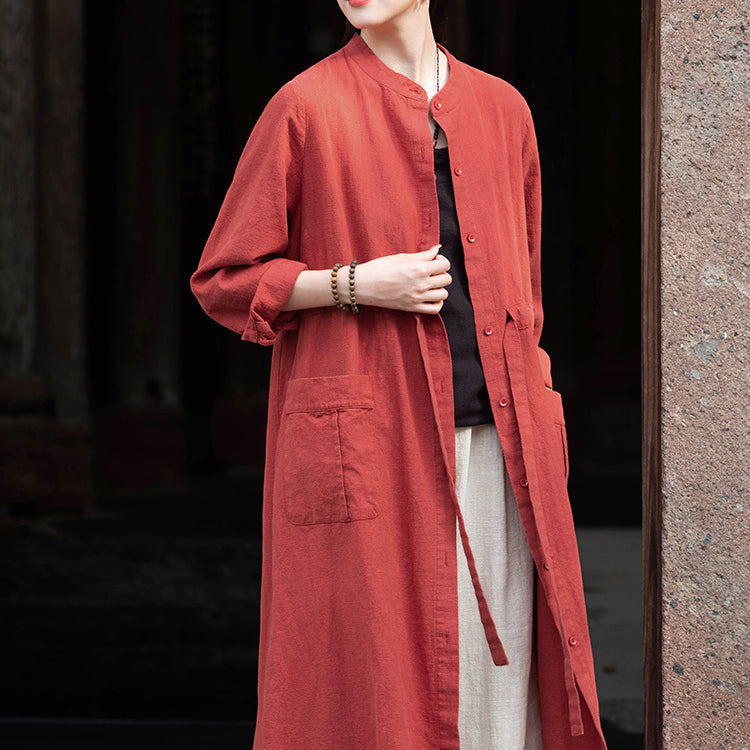 Long Sleeve Linen Long Shirt, Summer Standing Collar Cotton Jacket