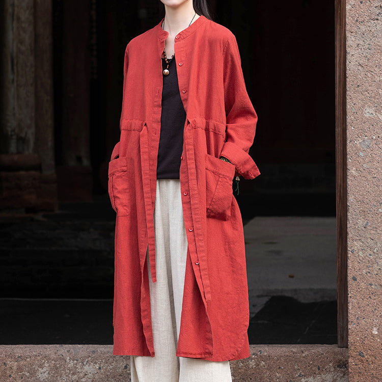 Long Sleeve Linen Long Shirt, Summer Standing Collar Cotton Jacket