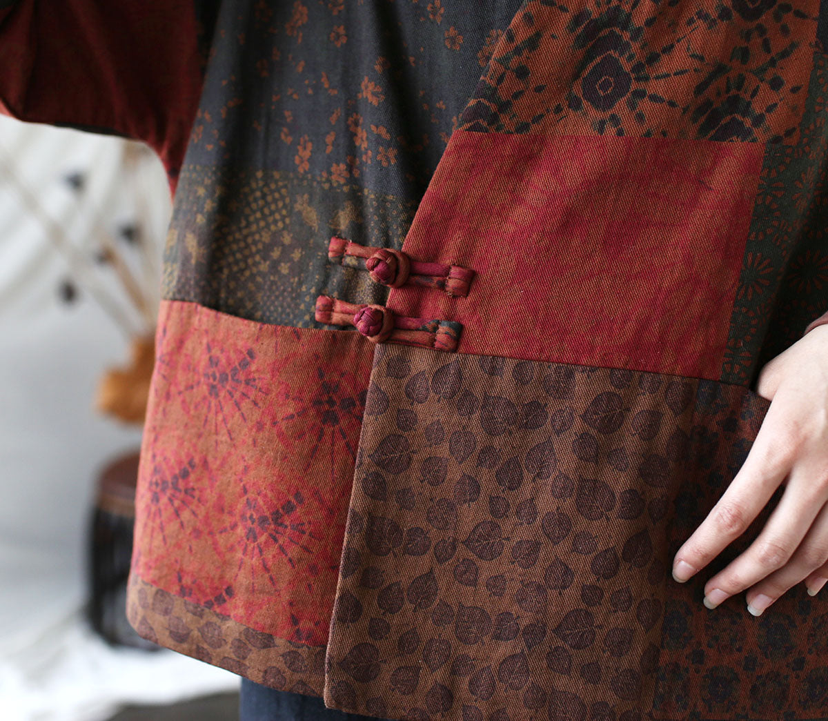 Printed Cotton and Linen Kimono, Chinese Frog Button Jacket