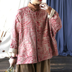 Red Printed Cotton  Linen Jacket ， Chinese Frog Button Jacket