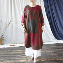 Vintage Boat Neck Printed Cotton Dress, Chinese Loose Casual Dresses