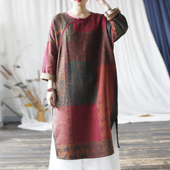 Vintage Boat Neck Printed Cotton Dress, Chinese Loose Casual Dresses