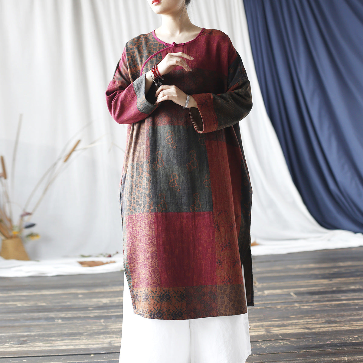 Vintage Boat Neck Printed Cotton Dress, Chinese Loose Casual Dresses