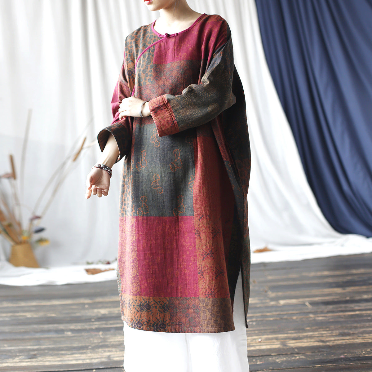 Vintage Boat Neck Printed Cotton Dress, Chinese Loose Casual Dresses