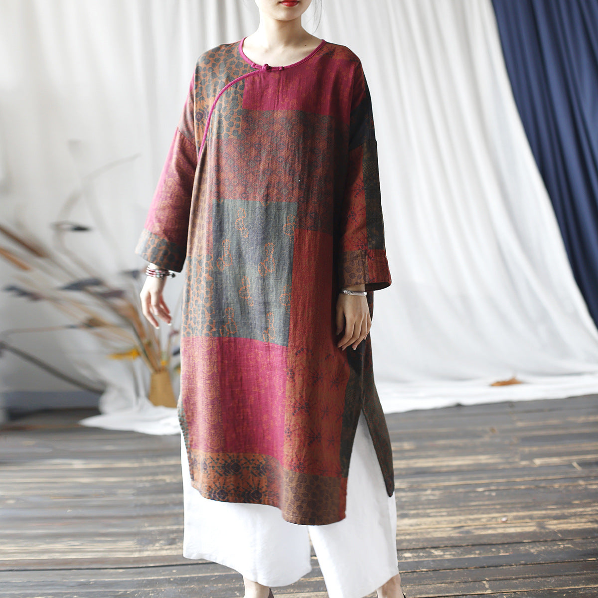 Vintage Boat Neck Printed Cotton Dress, Chinese Loose Casual Dresses