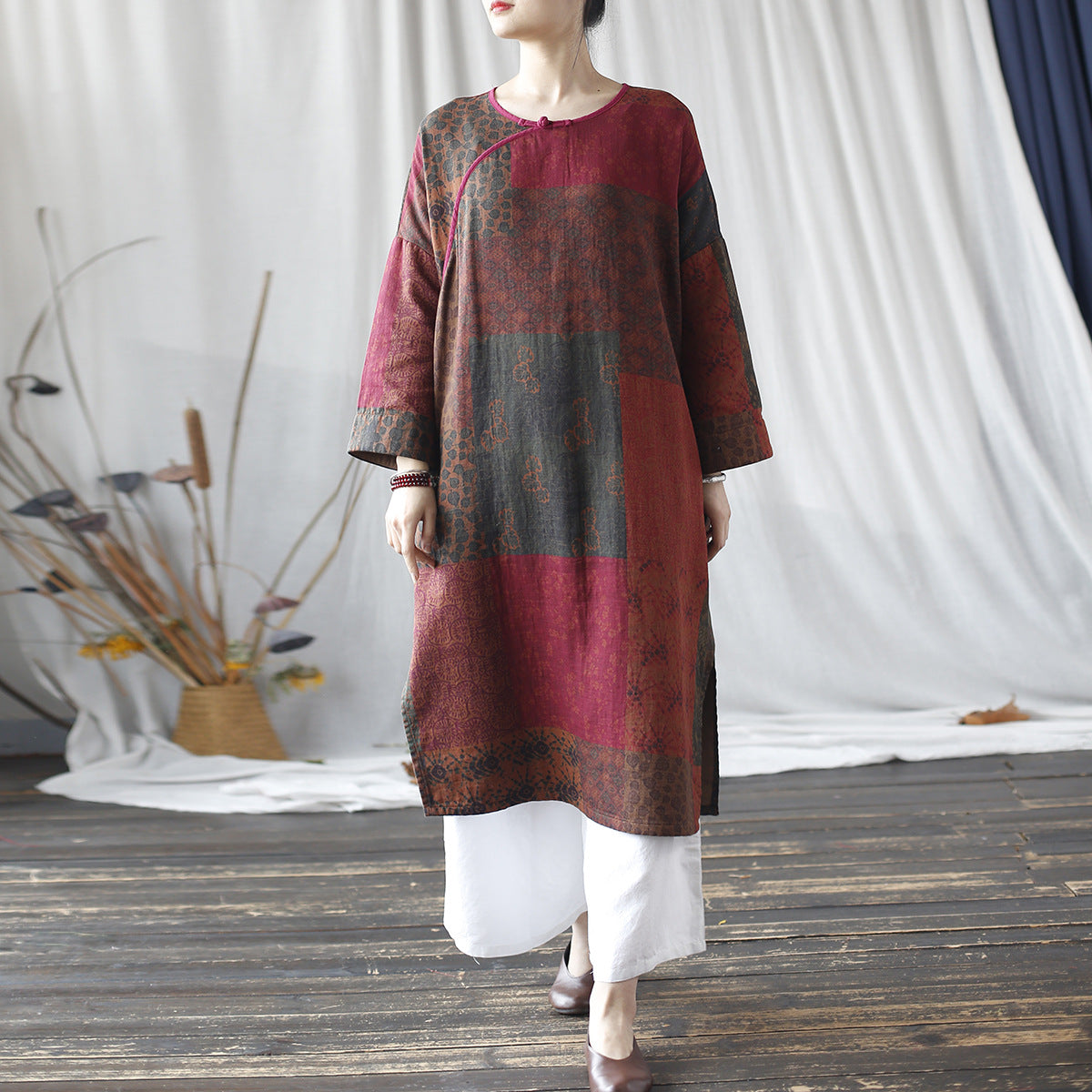 Vintage Boat Neck Printed Cotton Dress, Chinese Loose Casual Dresses