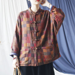 Vintage Standing Collar Printed Cotton Jacket, Chinese Loose Casual Jacket