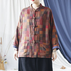 Vintage Standing Collar Printed Cotton Jacket, Chinese Loose Casual Jacket