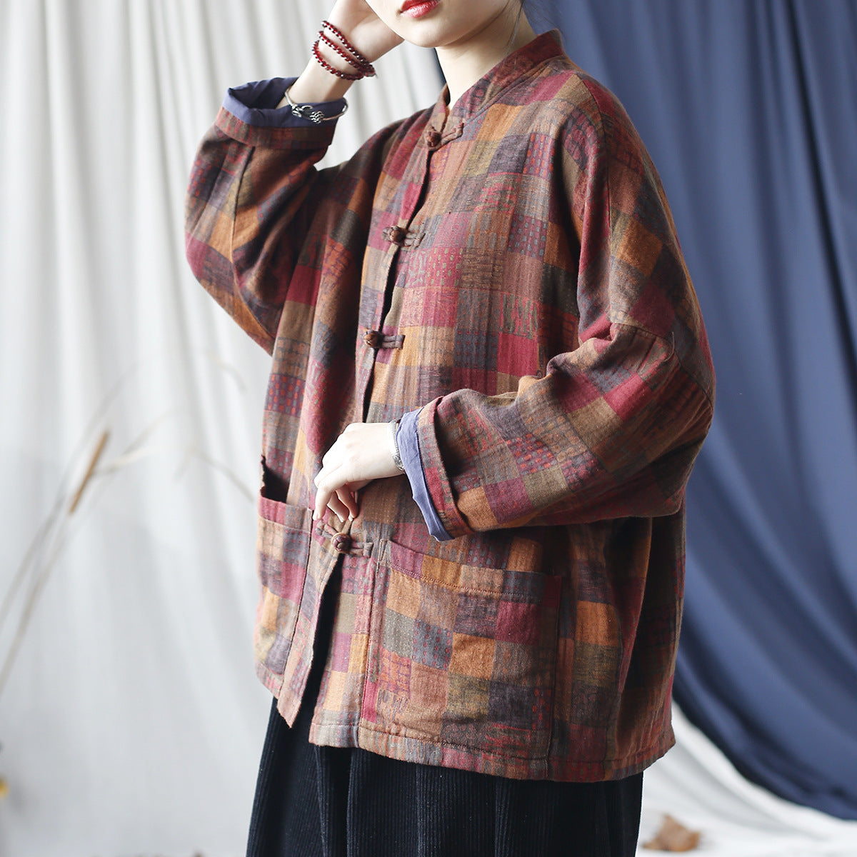 Vintage Standing Collar Printed Cotton Jacket, Chinese Loose Casual Jacket