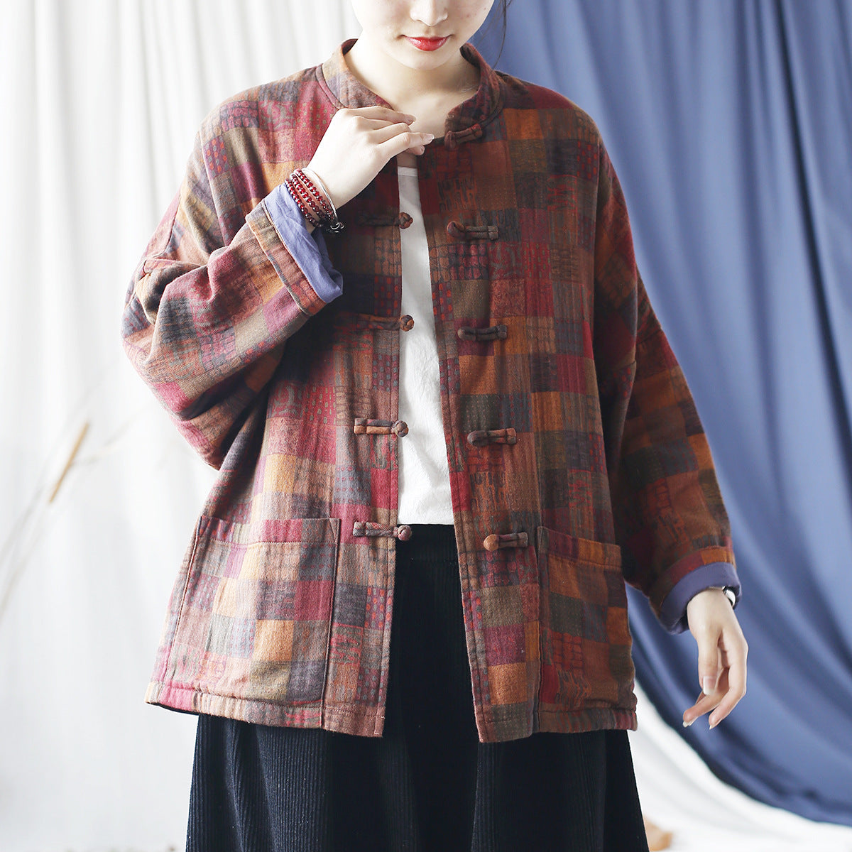 Vintage Standing Collar Printed Cotton Jacket, Chinese Loose Casual Jacket