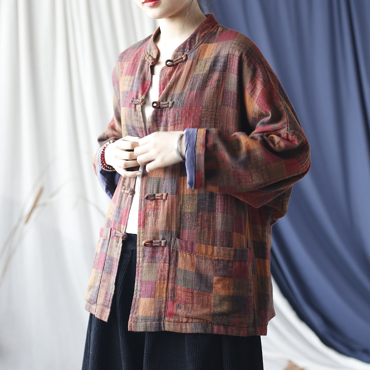 Vintage Standing Collar Printed Cotton Jacket, Chinese Loose Casual Jacket