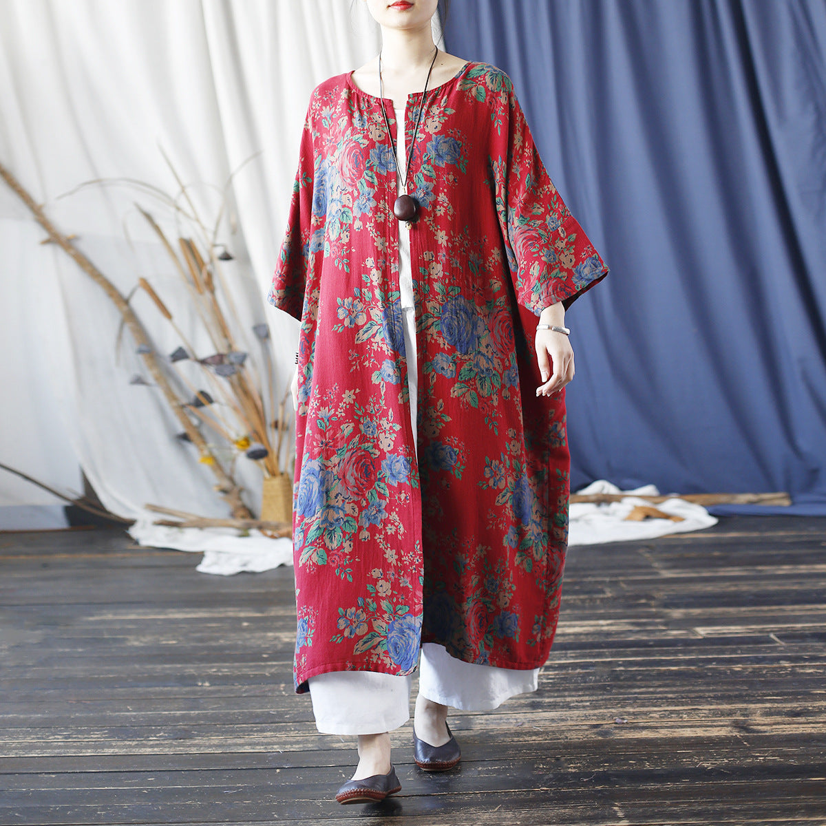 Red Loose Printed Dress, Floral Shirt Plus Size