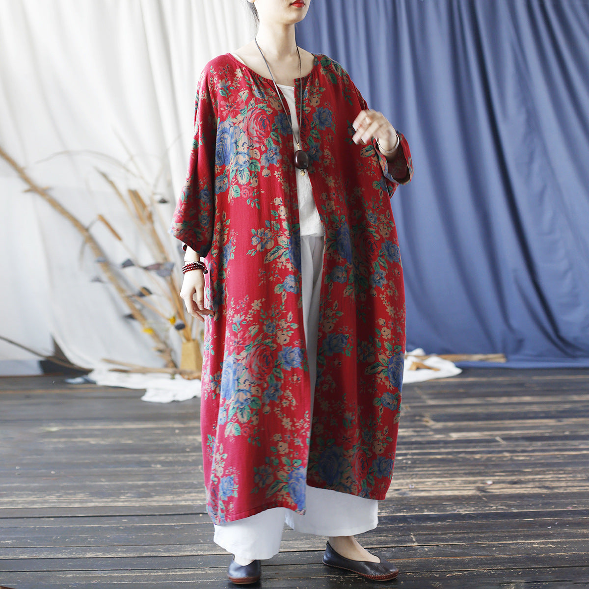 Red Loose Printed Dress, Floral Shirt Plus Size