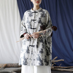 Vintage Chinese Printed Shirt, Loose Casual Linen Long Shirt Plus