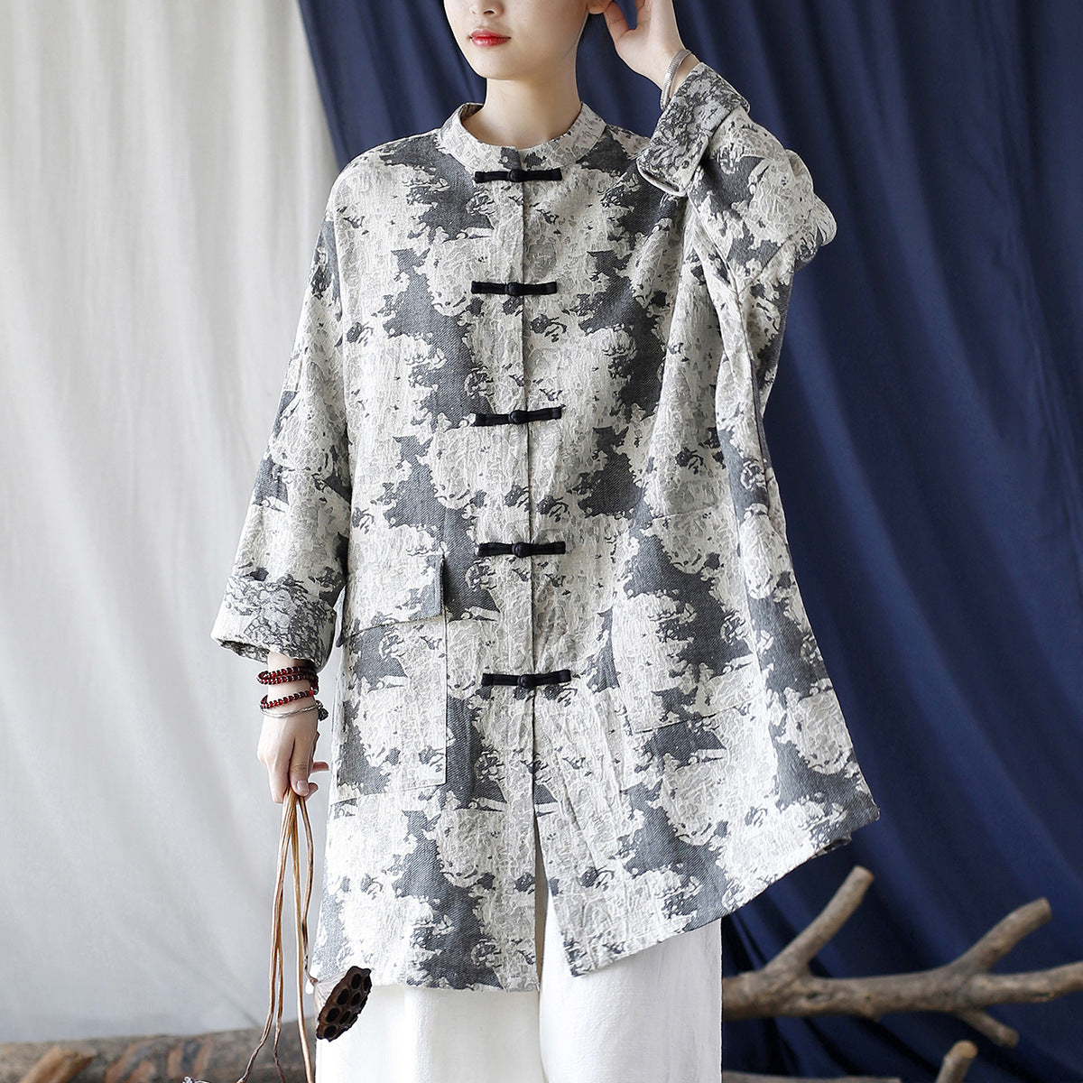 Vintage Chinese Printed Shirt, Loose Casual Linen Long Shirt Plus