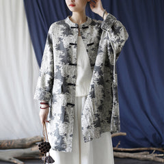 Vintage Chinese Printed Shirt, Loose Casual Linen Long Shirt Plus