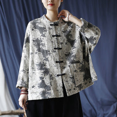 Chinese Vintage Standing Collar Printed Cotton Jacket,Loose Casual Jacket