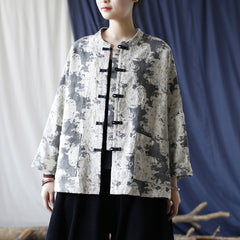 Chinese Vintage Standing Collar Printed Cotton Jacket,Loose Casual Jacket