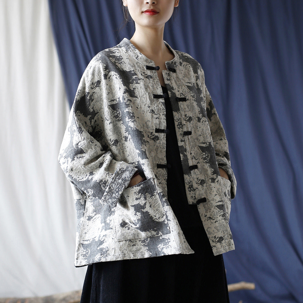 Chinese Vintage Standing Collar Printed Cotton Jacket,Loose Casual Jacket