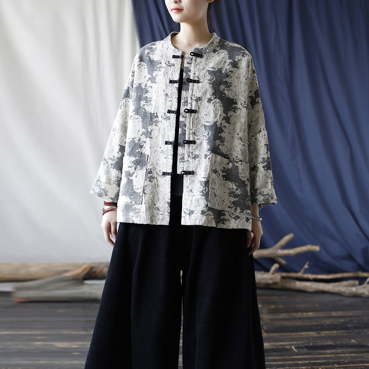 Chinese Vintage Standing Collar Printed Cotton Jacket,Loose Casual Jacket