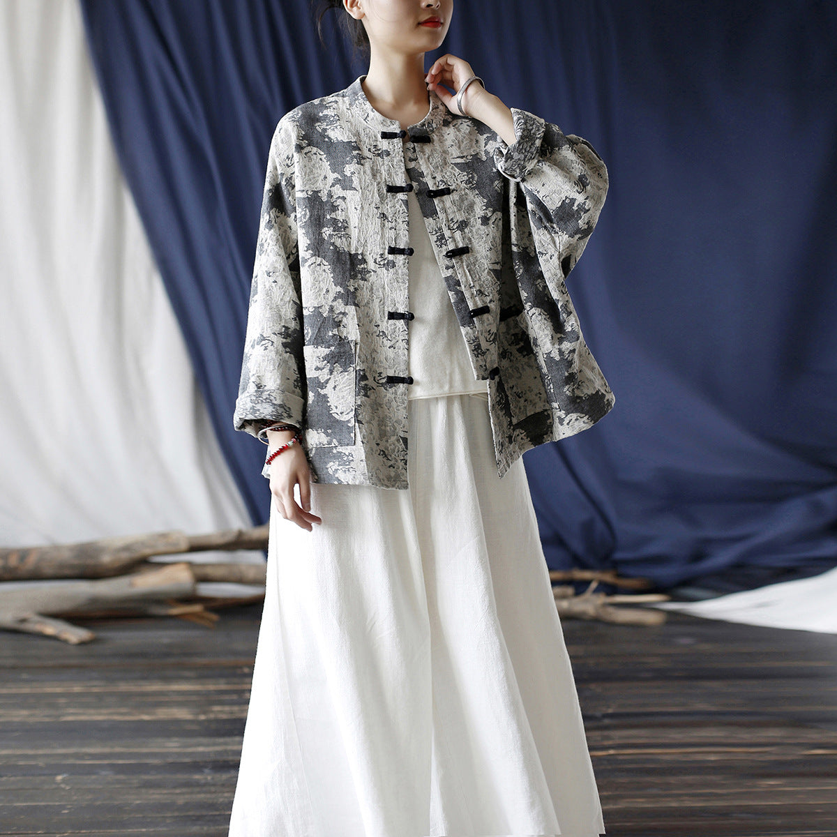 Chinese Vintage Standing Collar Printed Cotton Jacket,Loose Casual Jacket