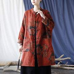 Red Loose Printed Jacket Plus size,Casual Cotton Shirt