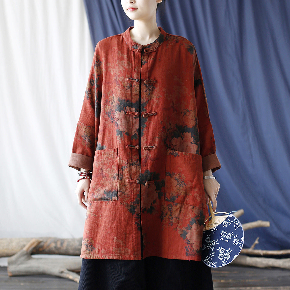 Red Loose Printed Jacket Plus size,Casual Cotton Shirt