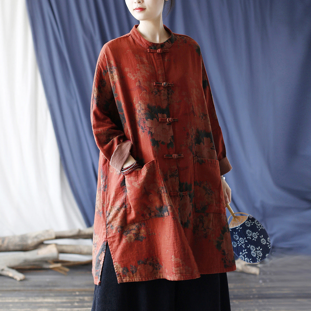 Red Loose Printed Jacket Plus size,Casual Cotton Shirt