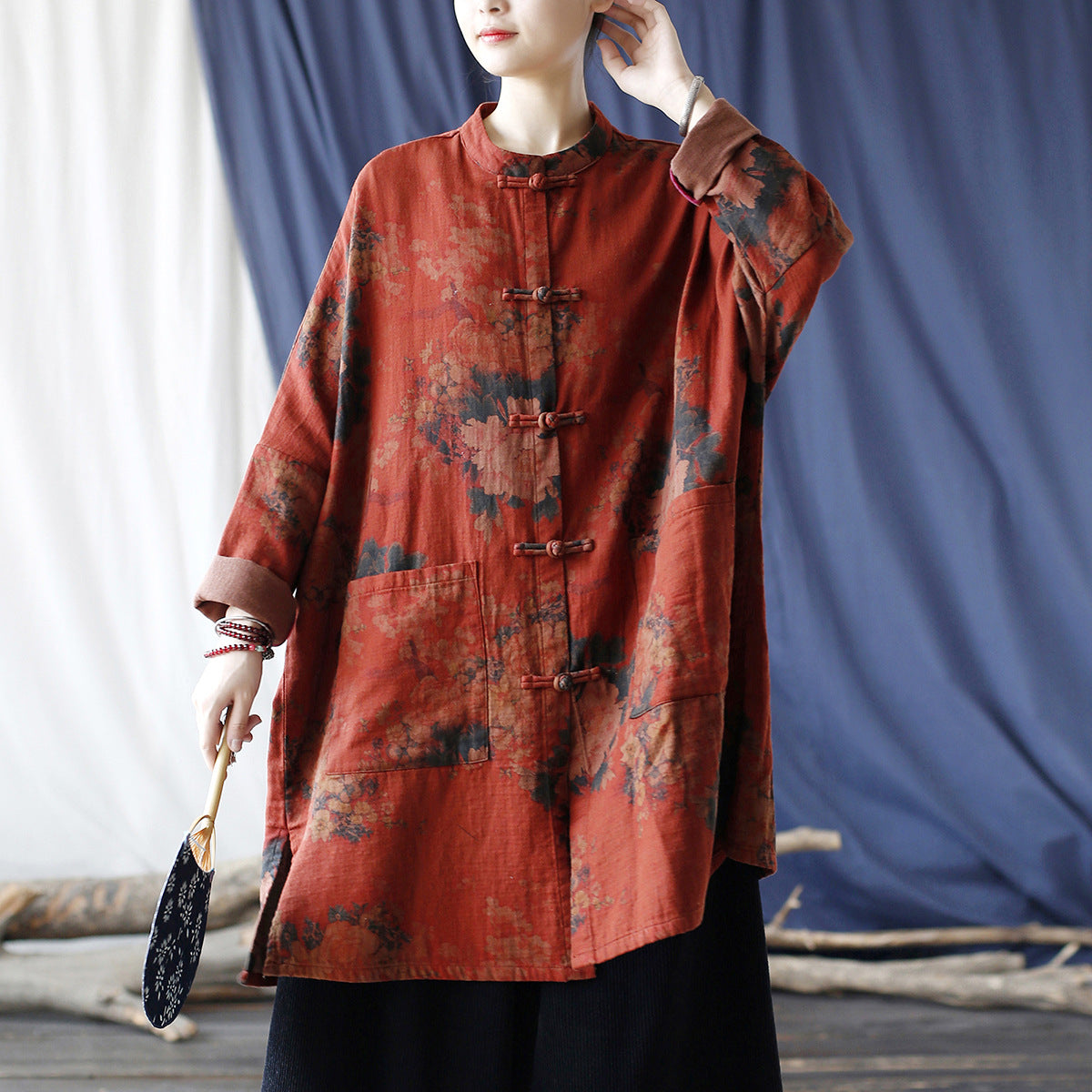 Red Loose Printed Jacket Plus size,Casual Cotton Shirt