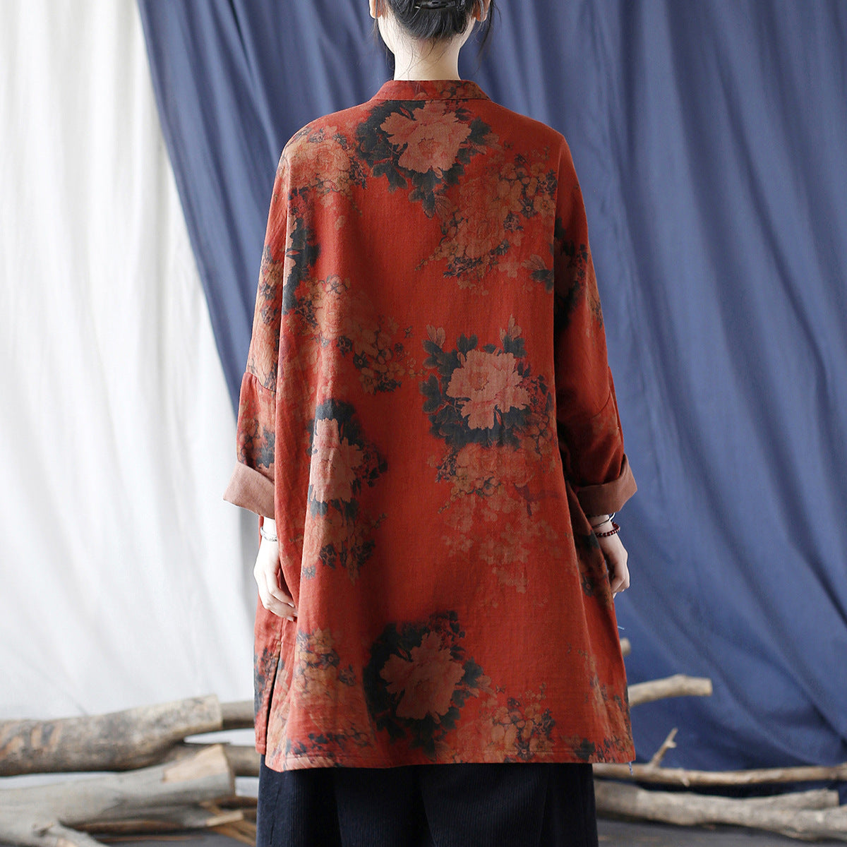 Red Loose Printed Jacket Plus size,Casual Cotton Shirt