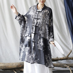 Vintage Chinese linen printed shirt, loose casual linen long shirt