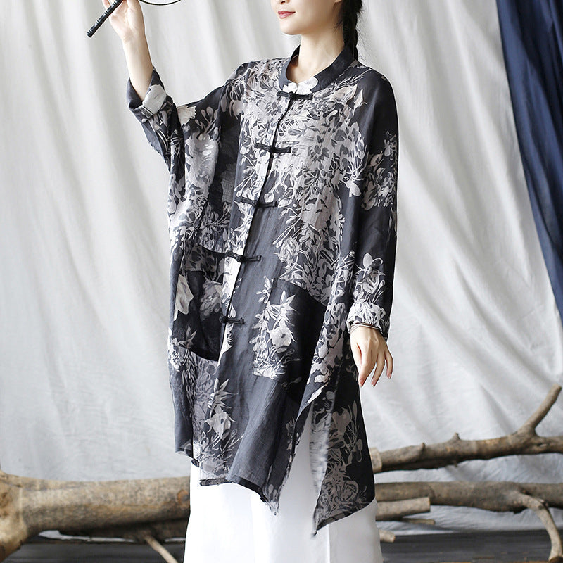 Vintage Chinese linen printed shirt, loose casual linen long shirt