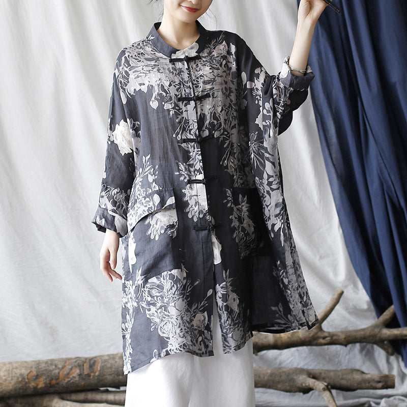 Vintage Chinese linen printed shirt, loose casual linen long shirt