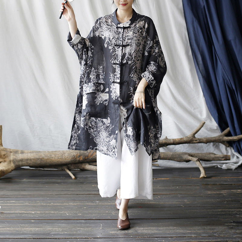 Vintage Chinese linen printed shirt, loose casual linen long shirt