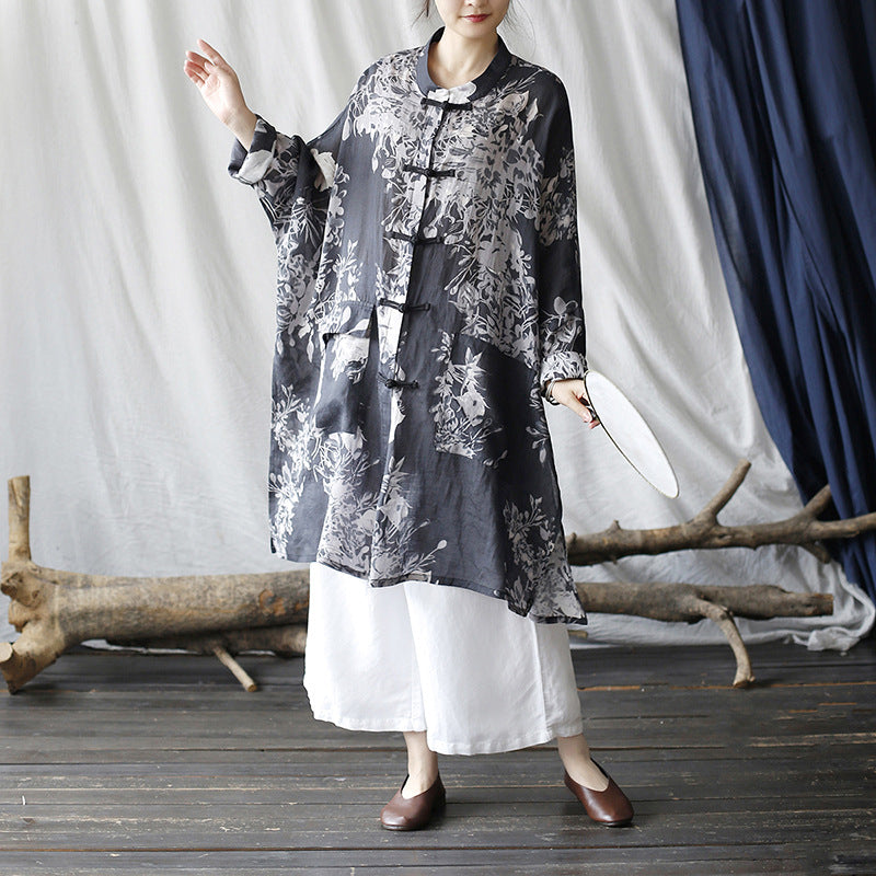 Vintage Chinese linen printed shirt, loose casual linen long shirt