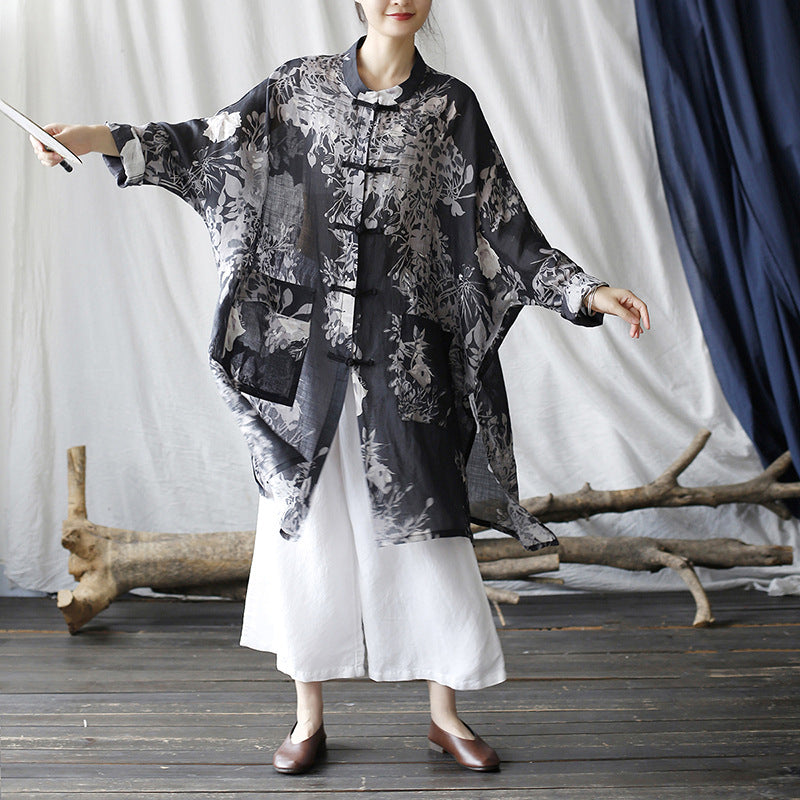 Vintage Chinese linen printed shirt, loose casual linen long shirt