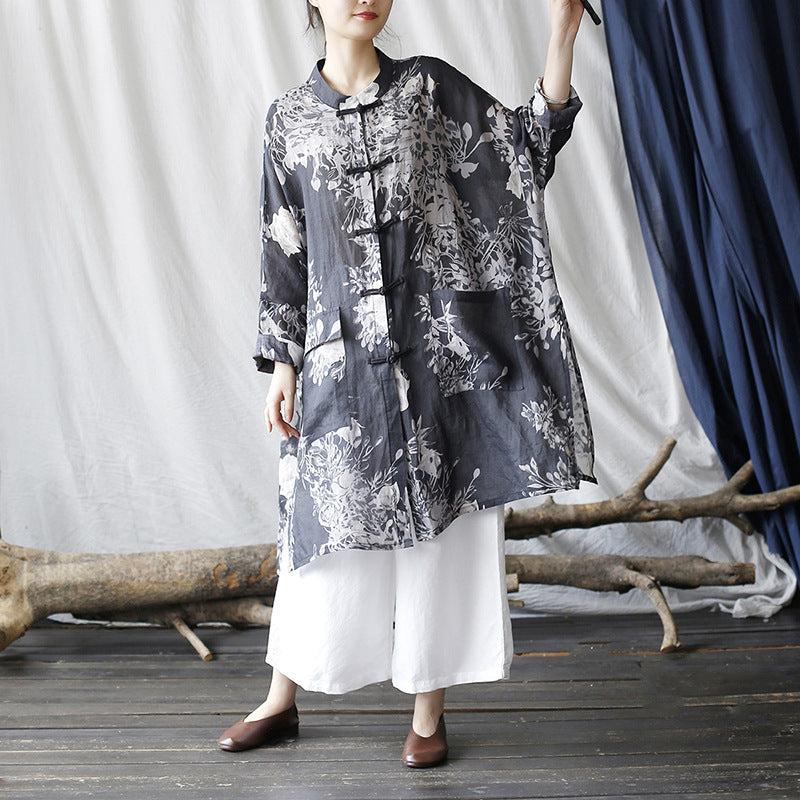 Vintage Chinese linen printed shirt, loose casual linen long shirt