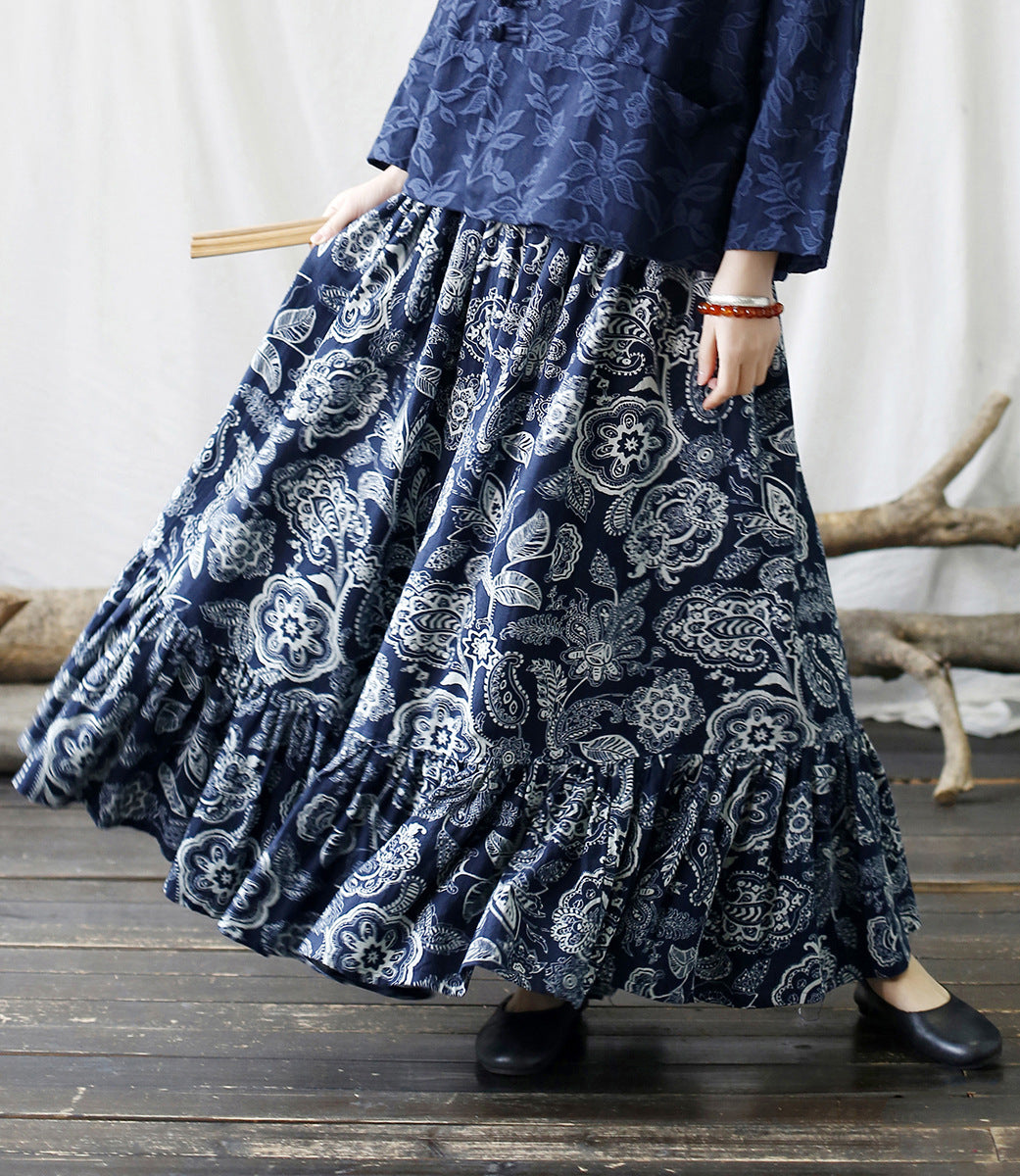 Cotton Summer Skirt, Vintage Printed Blue Skirt, Summer Elastic Waist Skirt