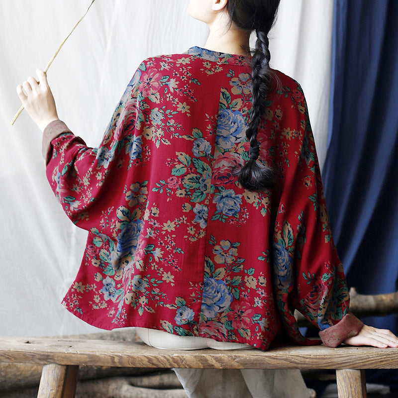 Standing collar frog button shirt,vintage Chinese printed shirt