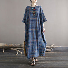 Oversize Plaid Printed Dress,Loose Casual Boat neck Cotton Dress Plus size