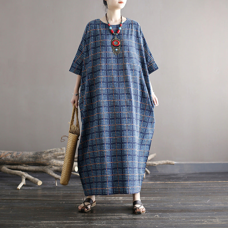 Oversize Plaid Printed Dress,Loose Casual Boat neck Cotton Dress Plus size