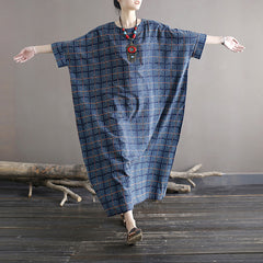 Oversize Plaid Printed Dress,Loose Casual Boat neck Cotton Dress Plus size