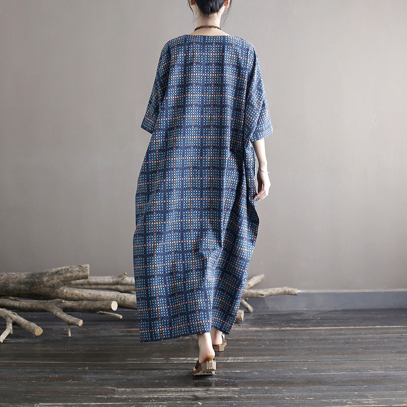 Oversize Plaid Printed Dress,Loose Casual Boat neck Cotton Dress Plus size