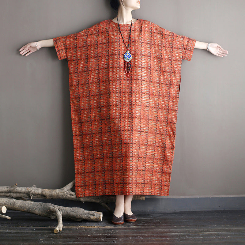 Oversize Plaid Printed Dress,Loose Casual Boat neck Cotton Dress Plus size